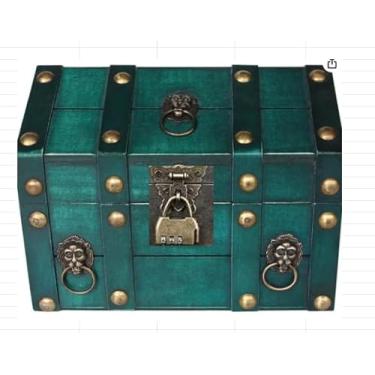 Imagem de ELLDOO Baú de tesouro de madeira com cadeado, caixa de lembranças vintage de pirata para presentes infantis, caixa decorativa verde de armazenamento de tesouros feita à mão para joias e moedas