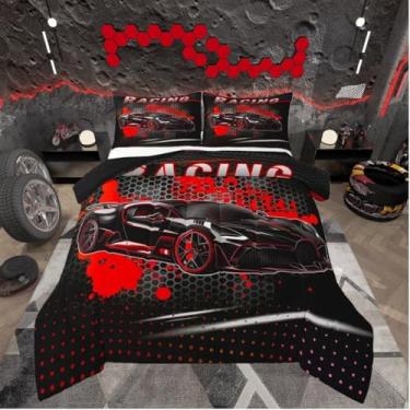 Imagem de Feelyou Jogo de cama com edredom de carro esportivo vermelho, para crianças, meninos, meninas, respirável, macio, leve, microfibra, esportes radicais, decoração de quarto