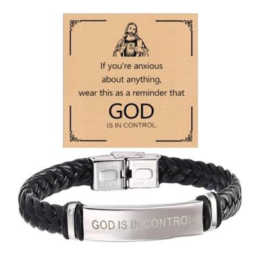 Imagem de ZCVFA Pulseira de couro God is in Control, pulseira trançada de aço inoxidável com barra gravada, pulseira de motivação de autoestima, presente de amizade inspiradora para homens e mulheres, 21 CM