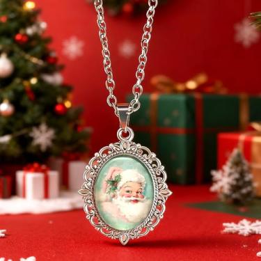 Imagem de Colar de Papai Noel para mulheres, colar oval com pingente de pedra preciosa atemporal, feito à mão, presente de festa para família e amigos, no size, Metal, Sem Pedra Preciosa