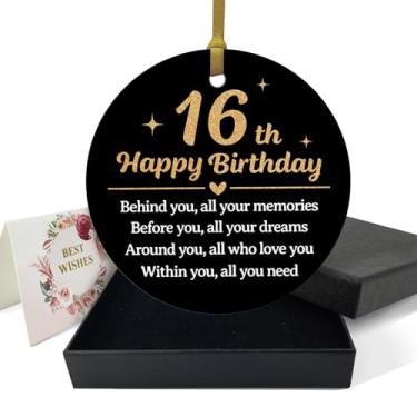 Imagem de REWIDPARTY Enfeites engraçados de aniversário de 16 anos - Feliz aniversário de 16 anos - Enfeite redondo de cerâmica de 7,6 cm com fita dourada, caixa de presente - Decoração de árvore de Natal