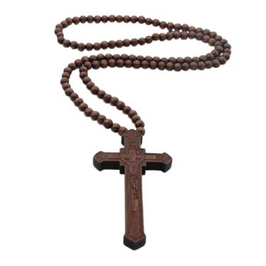 Imagem de Cruz de madeira religiosa grande pingente de crucifixo de Jesus grande madeira natural rosário colorido colar corrente oração cristã batismo joia presente de Páscoa para homens mulheres, 16in, Zinco