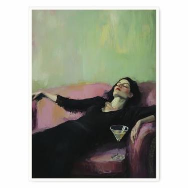 Imagem de Arte de parede feminina vintage mulher impressionista em sofá rosa martini pintura de vidro pôsteres para quarto chique, sala de vestir, decoração de parede, pôster 28 x 35 cm, sem moldura