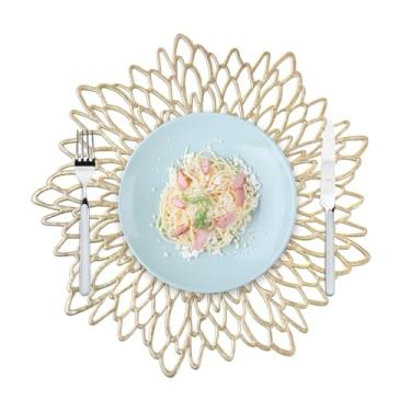 Imagem de Privalace 38 cm, conjunto de 6 jogos americanos de flores redondas de PVC, tapetes de mesa prensados metálicos, lavável, resistente a antiderrapante e decoração resistente a manchas para o Natal