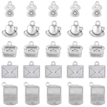 Imagem de SUNNYCLUE 1 caixa, 50 peças, berloques em forma de telefone, pulseira retrô, prata antiga, escritório, correio, laptop, máquina de escrever, xícara de café, pingentes de liga vintage tibetana para