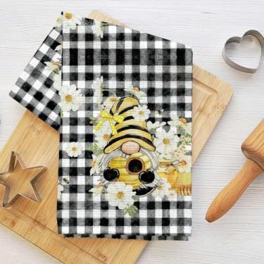 Imagem de Toalha de cozinha xadrez Bee Gnomo, flores brancas e mel absorvente de microfibra pano de prato decorativo toalha de chá, toalhas de mão waffle para cozinha, casa, banheiro, presentes para amantes de
