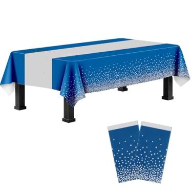 Imagem de 2 pacotes de toalhas de mesa descartáveis azuis e prateadas retangulares 137 x 272 cm, toalha de mesa de plástico estampada com caminho de mesa para decoração de Natal, formatura, chá de bebê