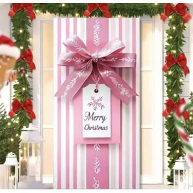 Imagem de Capa para Porta Feliz Natal Rosa com Elástico – Painel Decorativo Feliz Papai Noel Tecido Premiun (2,10 Cms X 0,85 Cms) (22)