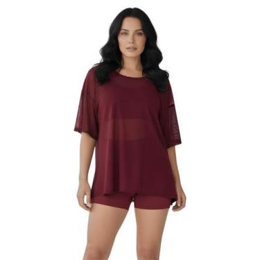 Imagem de Blusa Tule Feminina Manga Curta Fitness Academia Vinho Cor:VinhoTamanh