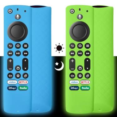Imagem de 2 capas de silicone para controle remoto, capas fluorescentes para controle remoto Firestick 4K Max/Toshiba/Insignia/Pioneer/Omni (QLED) série Alexa Voice Remote (verde + azul)