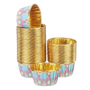 Imagem de HARFINGTON 50 forros para cupcake 100 ml, forros de cupcake dourados, pequenos copos de panificação, estilo boêmio, para festa de aniversário, festival de casamento, azul/rosa