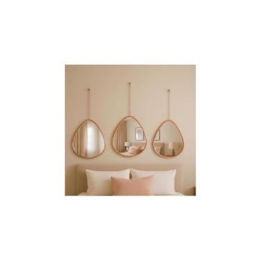 Imagem de Espelho de Parede Formato Gota Invertida, Moldura Metálica Rosê, 29x18cm, Decorativo para Sala, Quarto, Banheiro, com Suporte