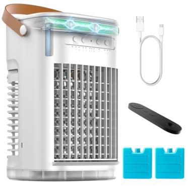 Imagem de Mini ar condicionado portátil, refrigerador de ar evaporativo com controle remoto, 7 luzes coloridas, temporizador 7H, tanque de água de 1200 ml, silencioso para mesa interna/externa