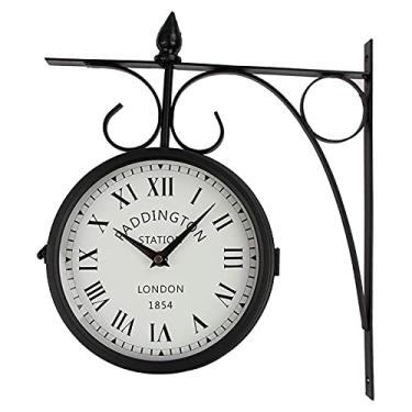 Imagem de ZJYWMM Relógio de jardim ao ar livre, relógio de parede frente e verso à prova de intempéries com suporte externo estilo retro europeu ferro forjado preto criativo estação Paddington relógio de parede