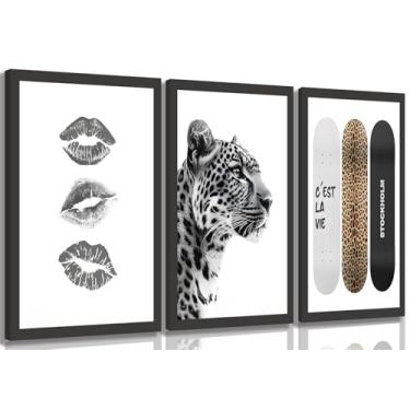 Imagem de Conjunto de 3 arte de parede em tela estilo Estocolmo emoldurado com estampa de leopardo em preto e branco com estampa de leopardo, pintura estética, decoração de parede de guepardo, fotos para quarto