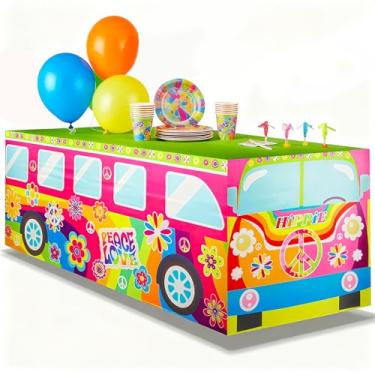 Imagem de xbaiyanr Toalha de mesa hippie de ônibus hippie, decorações de festa de aniversário hippie para aniversário dos anos 60, 70, aniversário com tema boho, chá de bebê, decorações de festa de carnaval