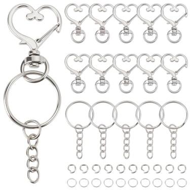 Imagem de SOFPLATE 80 peças, 20 conjuntos de chaveiros de coração, fecho de prata, clipe de chaveiro fofo, ganchos giratórios de encaixe de liga metálica com corrente de anéis de salto, acessórios para fazer
