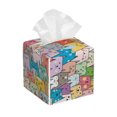 Imagem de Capa quadrada de couro para caixa de lenços de papel, impermeável, com estampa de gato, fofo, colorido, organizador de papel facial com cinto inferior, estojo de lenços para mesa, banheiro, escritório