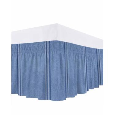 Imagem de Saia para cama com textura jeans azul, 40,6 cm, listras caídas, ajustáveis, elásticas, envolventes, saias de cama, babados, para capa de cama queen size