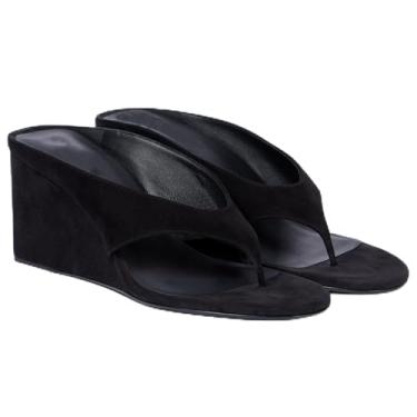 Imagem de ReneChristine Pantufas femininas de salto alto nude sem cadarço confortável vestido de noite chinelos sandálias de dedo redondo para mulheres salto de 8 cm, Camurça preta, 38