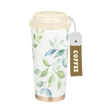 Imagem de SEHANY Caneca de viagem Green Leaves de 482 ml Copos de café reutilizáveis revestidos de cerâmica com tampa à prova de vazamento, parede dupla, isolamento a vácuo, copo de café de aço inoxidável para