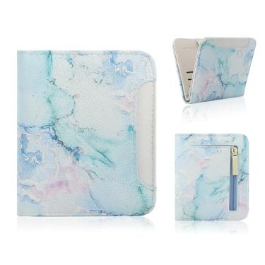 Imagem de Carteira pequena feminina de couro dobrável com bloqueio de RFID, porta-cartões de crédito com janela para identidade, bolso para moedas, Ciano