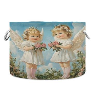 Imagem de SEHANY Cesto de armazenamento redondo grande com alça de corda, cesto de roupa suja de lona para armazenamento de cobertores, cesta de armazenamento infantil para quarto de banho, decoração de