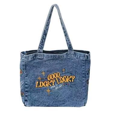 Imagem de Wbxsban Bolsa jeans com zíper para mulheres - Bolsa jeans de lona leve de ombro perfeita para trabalho, compras, viagens, escola (azul)