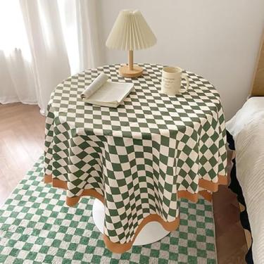 Imagem de Naroote Toalha de Mesa Xadrez Simples e Prática, Vintage, para Mesa de Jantar Redonda, Artesanal, Design de Borla, Material de Pelúcia Curto (75 * 75cm)