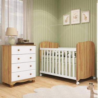 Imagem de Quarto de Bebê com Cômoda 4 Gavetas e Berço com Rodízios 100% Mdf Mimo