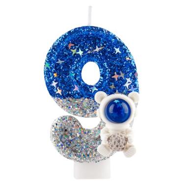 Imagem de Vela de aniversário com glitter astronauta espacial número 9 velas azul prata topo de bolo decorações de feliz aniversário para meninas meninos artigos de festa de aniversário