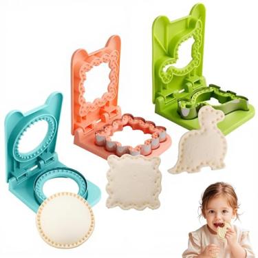 Imagem de Conjunto de cortador e selador de sanduíche – 3 peças de sanduicheira sem crosta de aço inoxidável para crianças almoço e café da manhã, cortadores de biscoito com formas de dinossauro/renda ondulada