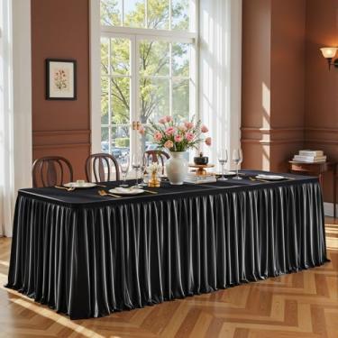 Imagem de Toalhas de mesa retangulares de cetim preto, 2,8 m, capas de mesa elásticas com glitter, sem rugas, comprimento até o chão, saia de mesa brilhante para casamentos, festas de chá de bebê, banquetes