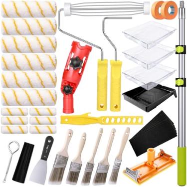 Imagem de Kit de rolo de pintura de 38 peças com haste de extensão de 6 a 10 m, rolos de pintura de 10 cm e 23 cm, extensor de pincel, suporte de lixa, pincéis para paredes, rolo de pintura para casa para todas