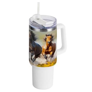 Imagem de Kigai Copo de 1,134 g com tampa e canudo, copo de aço inoxidável durável à prova de vazamento de cavalo de corrida com alça, garrafas de água à prova de derramamento para viagens