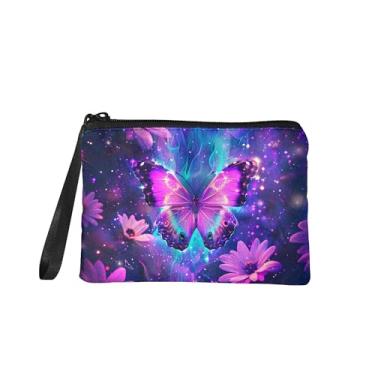 Imagem de Bolsa de pulso com estampa de borboleta roxa, carteira pequena para mulheres com alça de pulso, porta-moedas compacto e macio para uso diário