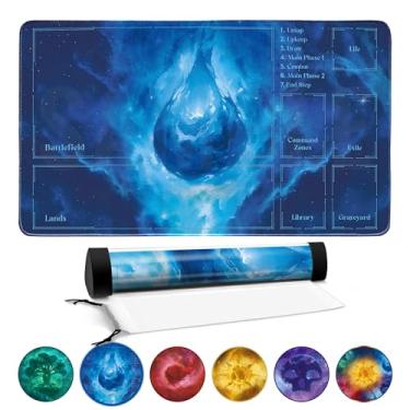 Imagem de FROGIGO Stellar Island Playmat for MTG – 24"x14" Blue Cosmic Water Game Mat with Play Zones & Prismatic Playmat Tube, Non-Slip Table Mat for Magic The Gathering