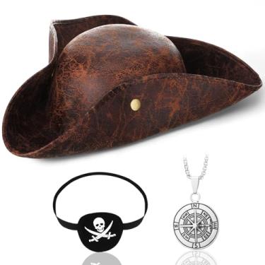 Imagem de Chicingyou Roupas de cruzeiro noturno pirata chapéus de pirata em couro a granel chapéu de tricórnio colar patch para os olhos festa em massa homens mulheres (3 peças, marrom)