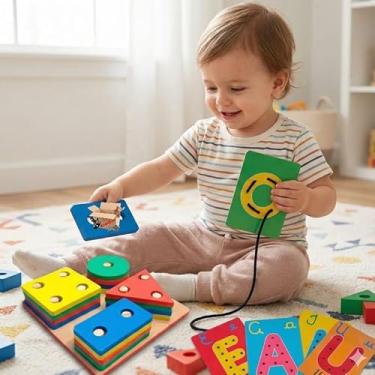 Imagem de Brinquedo Pedagógico Educativo Madeira MDF Prancha Seleção Infantil Encaixe Formas Geométricas (Prancha + Ali Vogais)