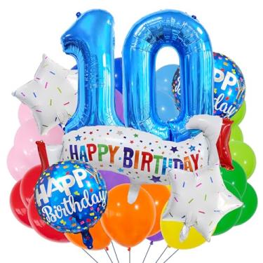 Imagem de Conjunto de decoração de 10 anos, conjunto de decoração de 10º aniversário azul colorido balão de banner de feliz aniversário de 10 anos para meninas, meninos, crianças, adultos, decoração de festa de
