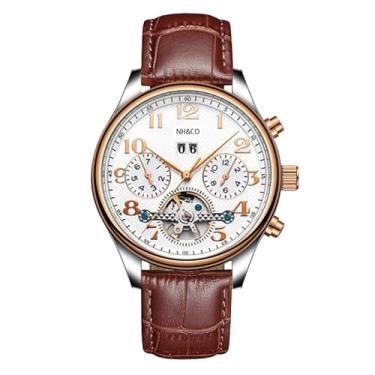 Imagem de OBLVLO NHCO Relógio masculino de luxo com calendário completo, relógio de pulso automático com mostrador turbilhão, pulseira de couro marrom, relógio mecânico, NHCO-LG-TWSL, Moderno