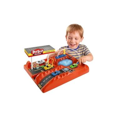 Imagem de Pista Pit Stop com Lava Rápido e Posto de Combustível, 2 Carrinhos Miniatura Inclusos, Plástico, 38x52x6cm, para Crianças a partir de 3 Anos