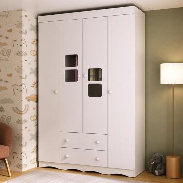 Imagem de Guarda-roupa Infantil 122cm Com Vidro 4 Portas E 2 Gavetas Serena Multimóveis MP4432 Branco