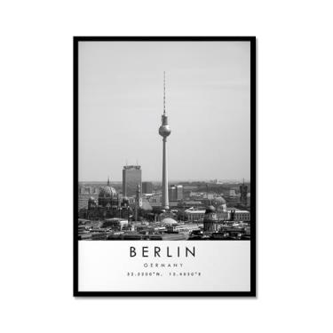 Imagem de Pôster de viagem preto e branco impressão paisagem da cidade do mundo pintura em tela Berlim Wall Art Picture Decoração de casa (8 x 12 polegadas (20 x 30 cm), moldura de metal)