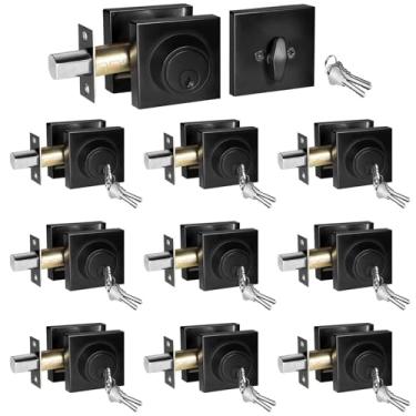 Imagem de Fechadura preta fosca, pacote com 10, fechadura quadrada preta com as mesmas chaves, fechadura de cilindro único com chave semelhante para escritório e casa, fechadura moderna para exterior e interior