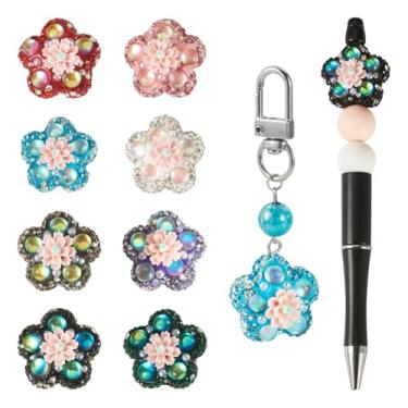 Imagem de Beadthoven 8 peças de contas de flores de strass para canetas, contas de strass de argila de polímero de resina colorida floral cristal espaçador solto com pérola de plástico para artesanato faça você