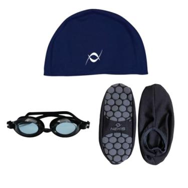 Imagem de Kit Óculos UV Natação Touca De Tecido Sapatilha Hidroginástica Antiderrapante (Touca Azul Marinho - Sapatilha Azul Marinho G)