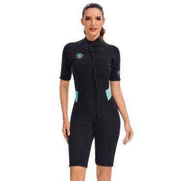 Imagem de Lemorecn Traje de mergulho curto feminino de 2 mm de neoprene ultra elástico de 2 mm, traje de banho térmico com zíper frontal (0225BLACKGREEN-XXL)