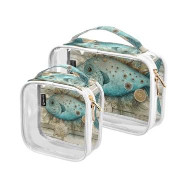 Imagem de GAIGEO Conjunto de bolsa cosmética transparente vintage de prancha de peixe oceano, bolsa cosmética com zíper duplo, presentes de viagem para mulheres, pacote com 2, Tábua de coral retrô para peixes