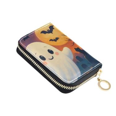 Imagem de GAIGEO Carteira feminina animal com zíper fofo porta-cartões bloqueio RFID fantasma de desenho animado Halloween branco bolsa de troca com chaveiro